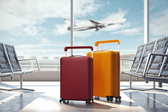 Valise rouge et orange dans un aéroport.