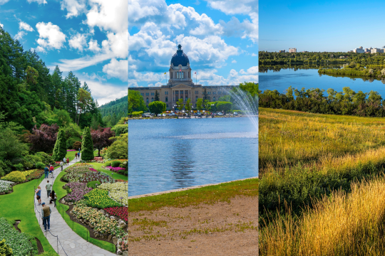 Image fractionnée montrant Victoria, Fredericton et Regina, les capitales de la Colombie-Britannique, du Nouveau-Brunswick et de la Saskatchewan, respectivement.