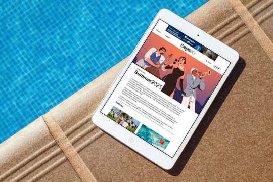 Tablette montrant une image du dernier numéro de Sage60. Célébrons le Canada, tout en profitant de l’été avec Sage60.