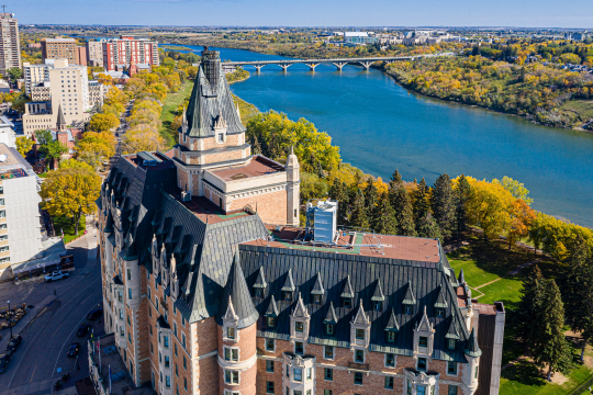 Aerial view of downtown Saskatoon, Saskatchewan.